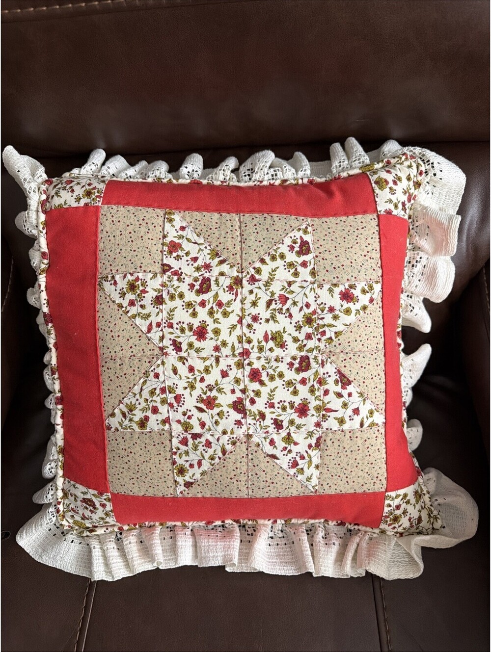 VTG Handmade Quilted Star Throw Pillow 14” Ruffle Grannycore Shabby Chic Country